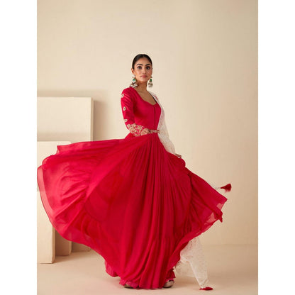 Suruchi Parakh Womens Pink Embroidered Anarkali Kurta and Dupatta (Set of 3)