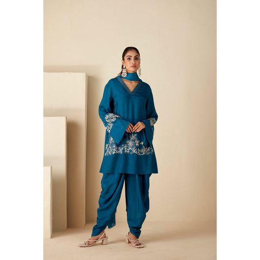 Suruchi Parakh Womens Teal Embroidered Kurta with Dhoti and Dupatta (Set of 3)