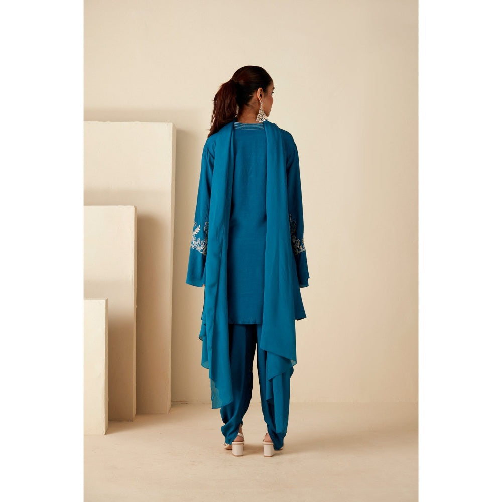 Suruchi Parakh Womens Teal Embroidered Kurta with Dhoti and Dupatta (Set of 3)