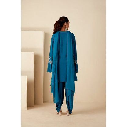 Suruchi Parakh Womens Teal Embroidered Kurta with Dhoti and Dupatta (Set of 3)