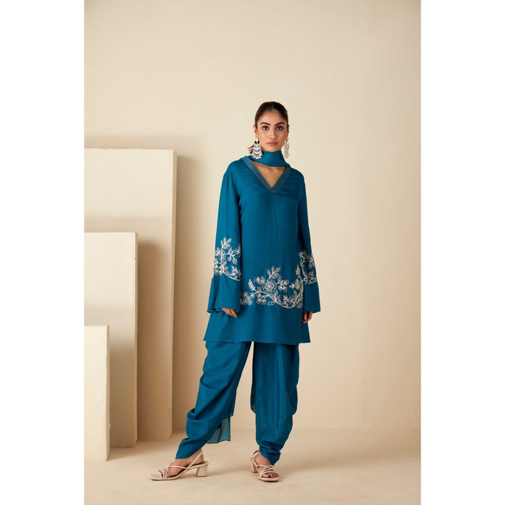 Suruchi Parakh Womens Teal Embroidered Kurta with Dhoti and Dupatta (Set of 3)