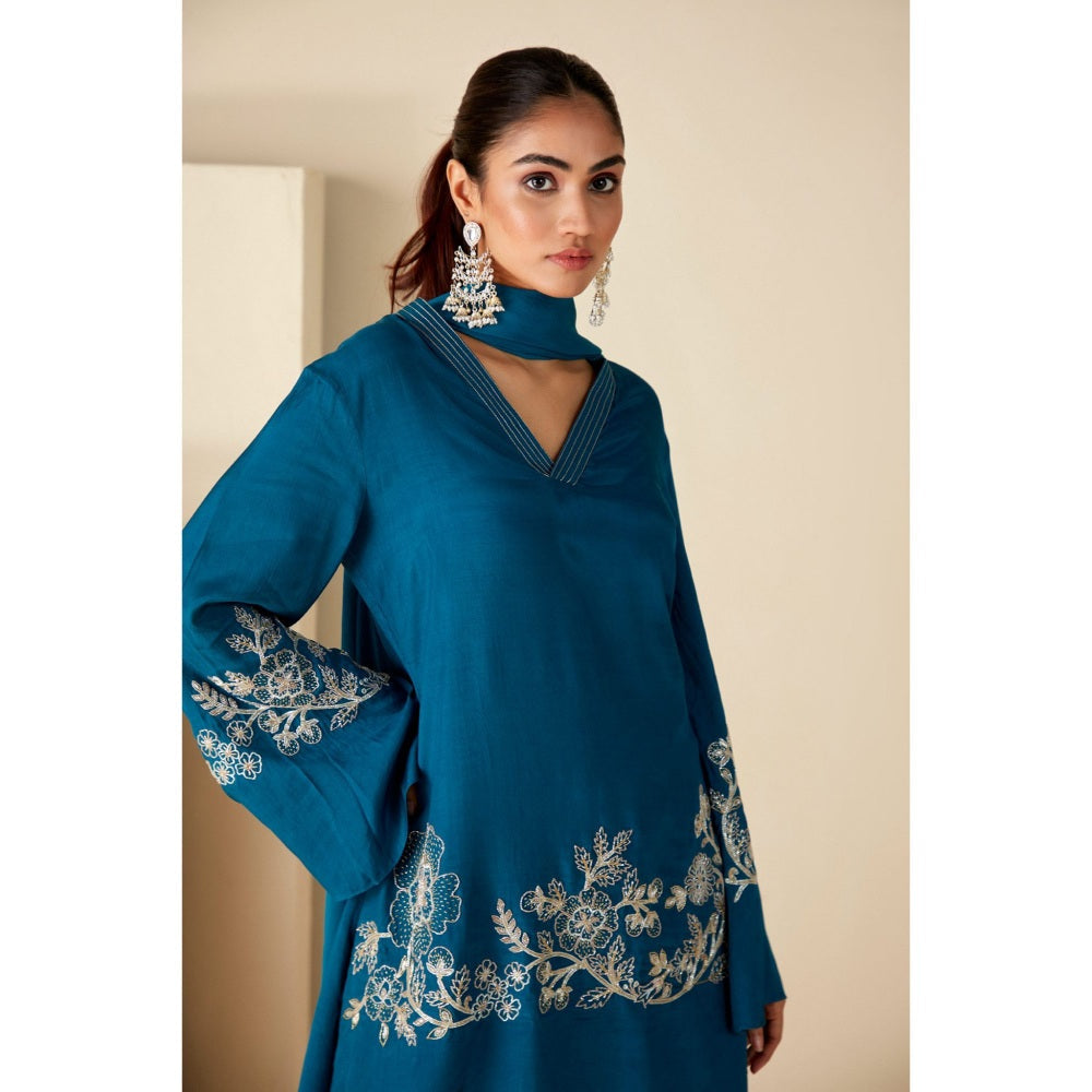 Suruchi Parakh Womens Teal Embroidered Kurta with Dhoti and Dupatta (Set of 3)