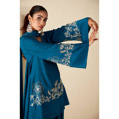 Suruchi Parakh Womens Teal Embroidered Kurta with Dhoti and Dupatta (Set of 3)