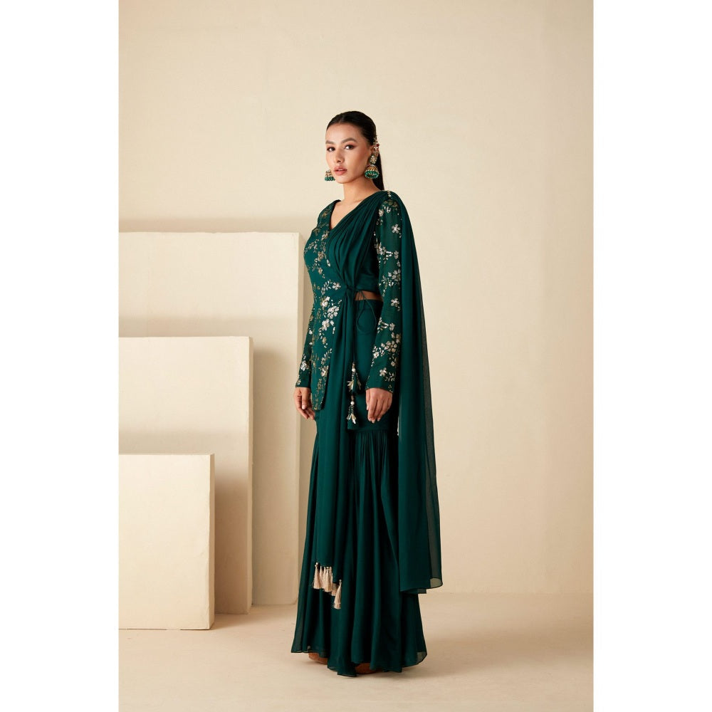 Suruchi Parakh Womens Green Embellished Kurti with Sharara and Dupatta (Set of 3)