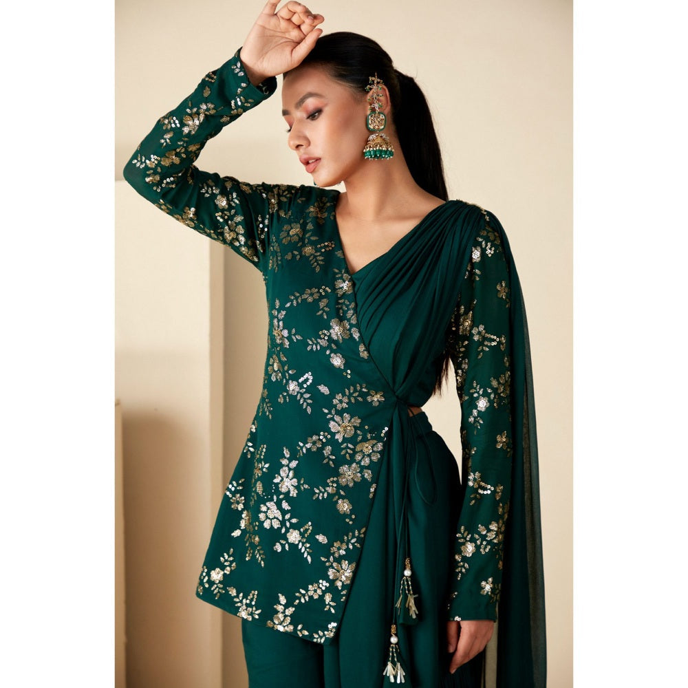 Suruchi Parakh Womens Green Embellished Kurti with Sharara and Dupatta (Set of 3)