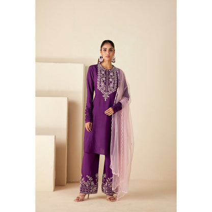 Suruchi Parakh Womens Purple Embroidered Kurta with Pant and Dupatta (Set of 3)
