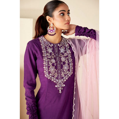 Suruchi Parakh Womens Purple Embroidered Kurta with Pant and Dupatta (Set of 3)