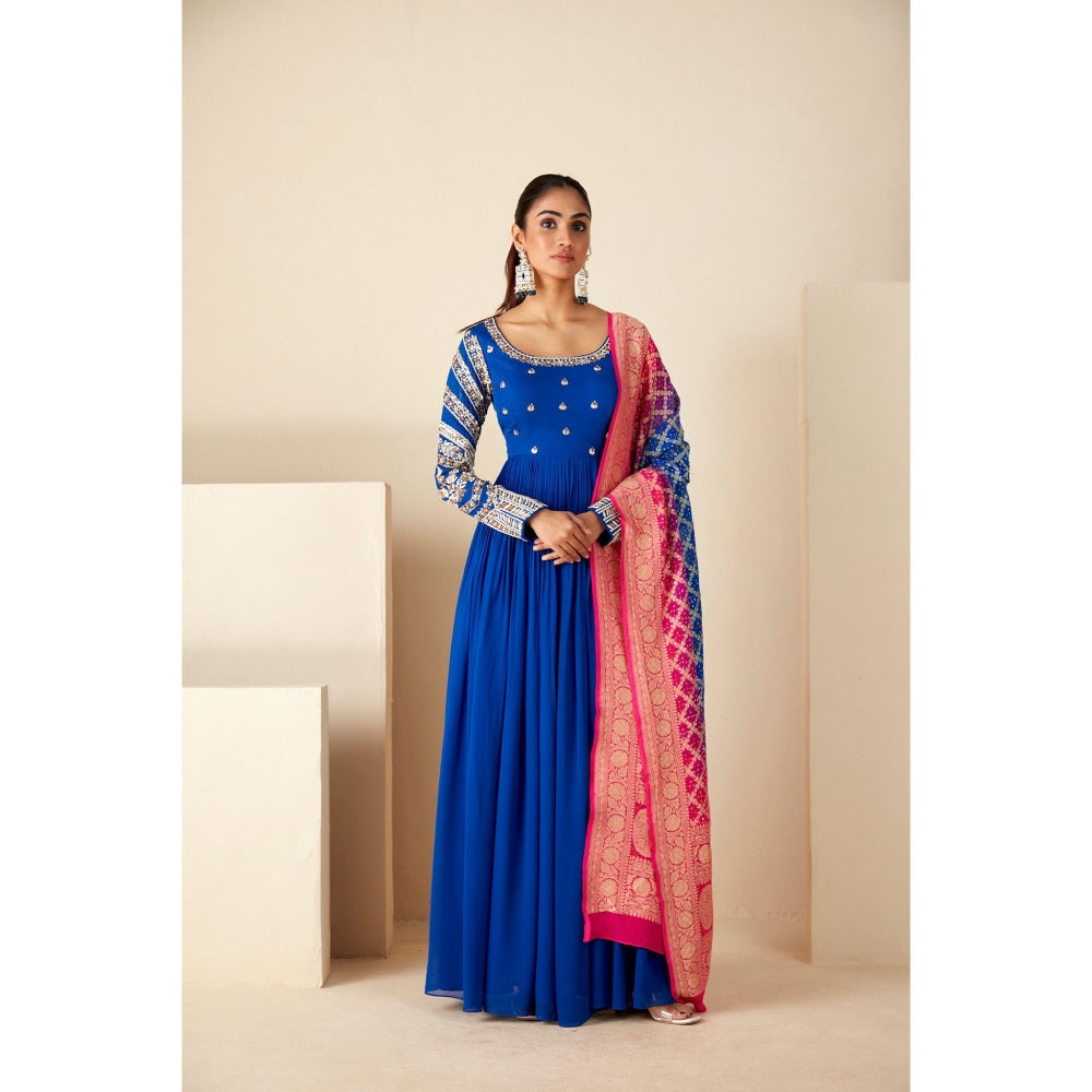 Suruchi Parakh Womens Blue Embroidered Anarkali Kurta and Dupatta (Set of 2)