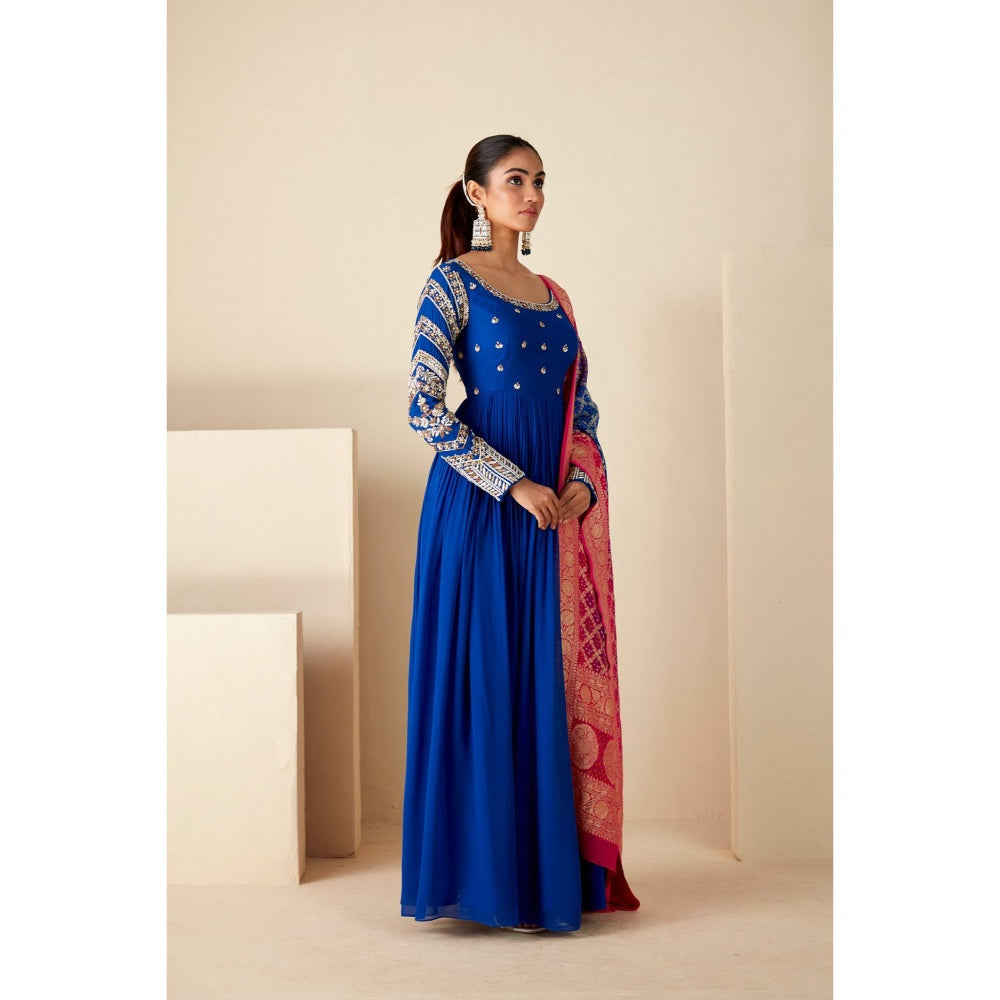 Suruchi Parakh Womens Blue Embroidered Anarkali Kurta and Dupatta (Set of 2)