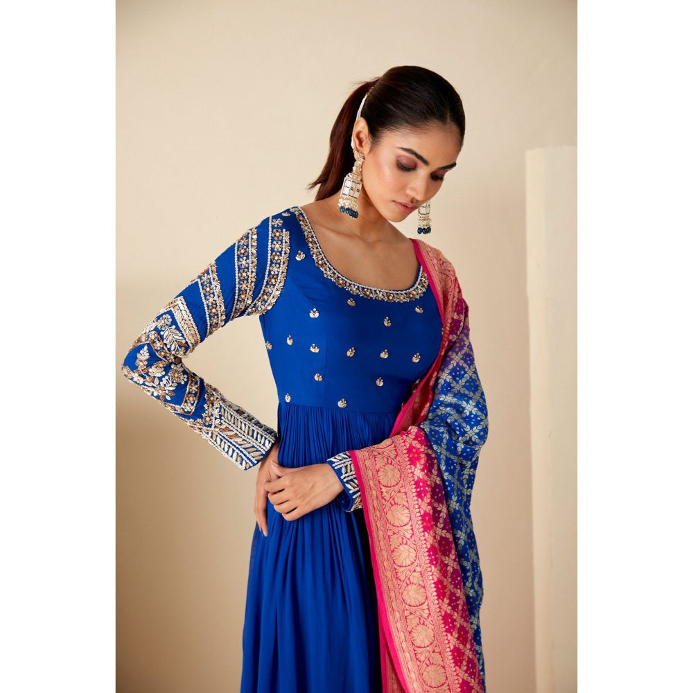 Suruchi Parakh Womens Blue Embroidered Anarkali Kurta and Dupatta (Set of 2)