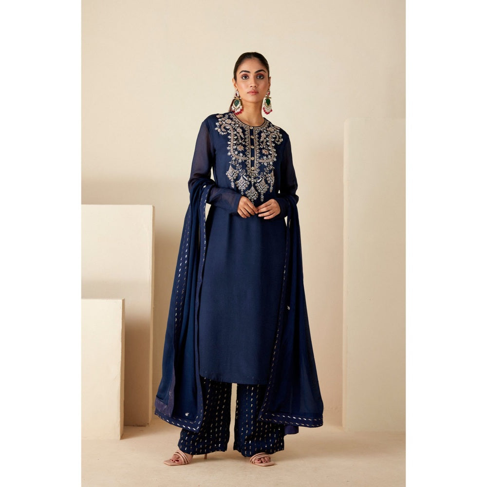 Suruchi Parakh Womens Navy Blue Embroidered Kurta with Palazzo and Dupatta (Set of 3)
