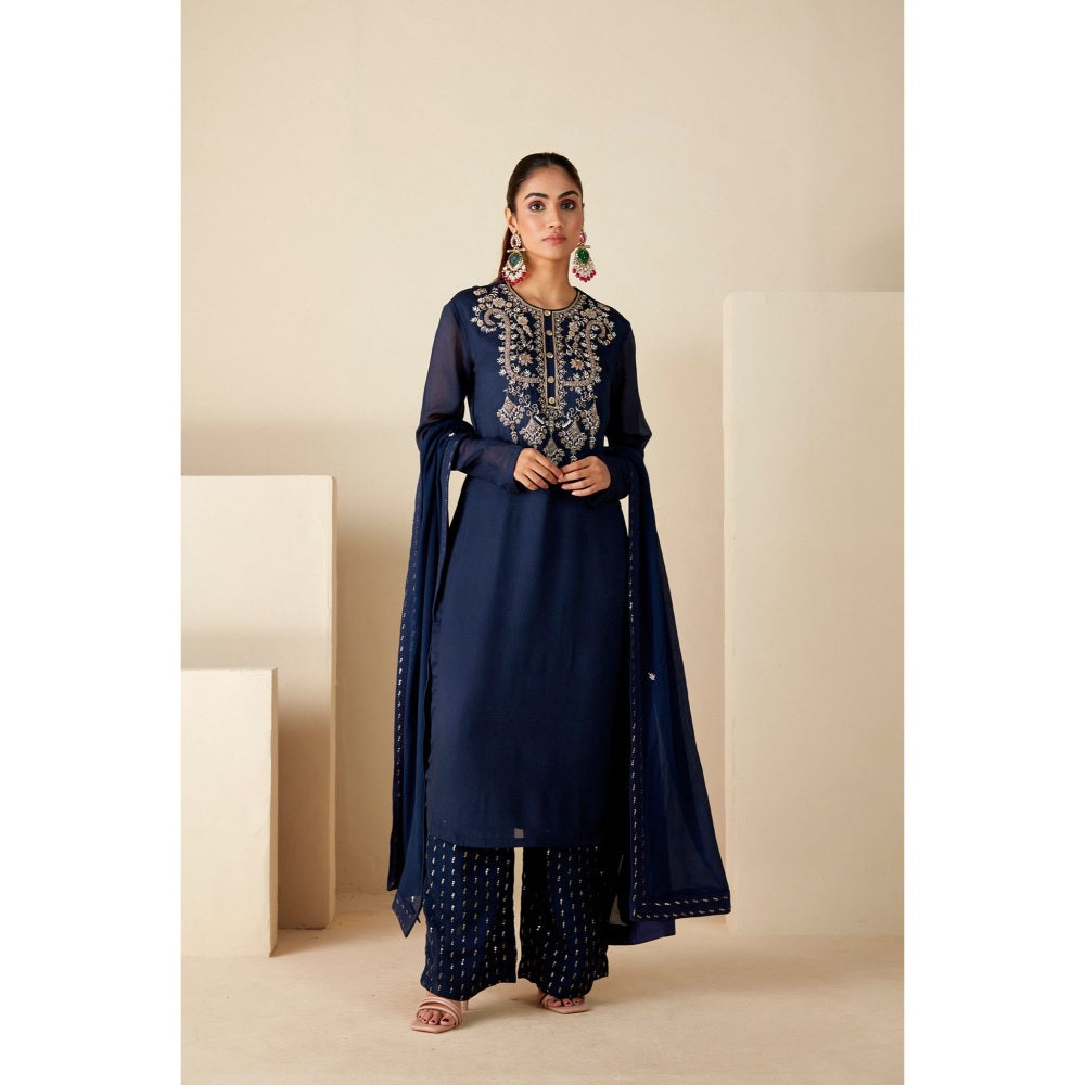 Suruchi Parakh Womens Navy Blue Embroidered Kurta with Palazzo and Dupatta (Set of 3)