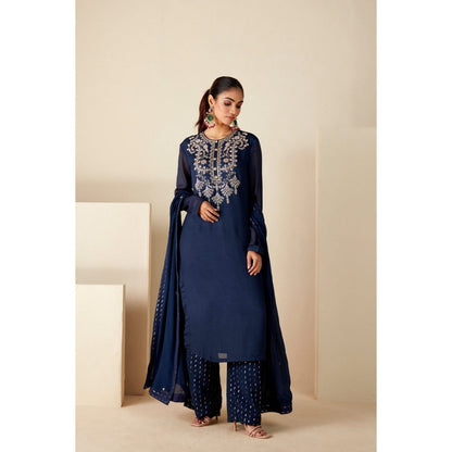 Suruchi Parakh Womens Navy Blue Embroidered Kurta with Palazzo and Dupatta (Set of 3)