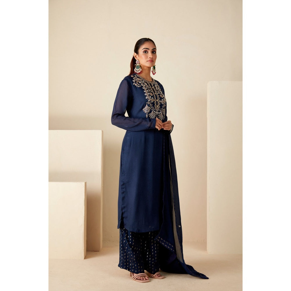 Suruchi Parakh Womens Navy Blue Embroidered Kurta with Palazzo and Dupatta (Set of 3)