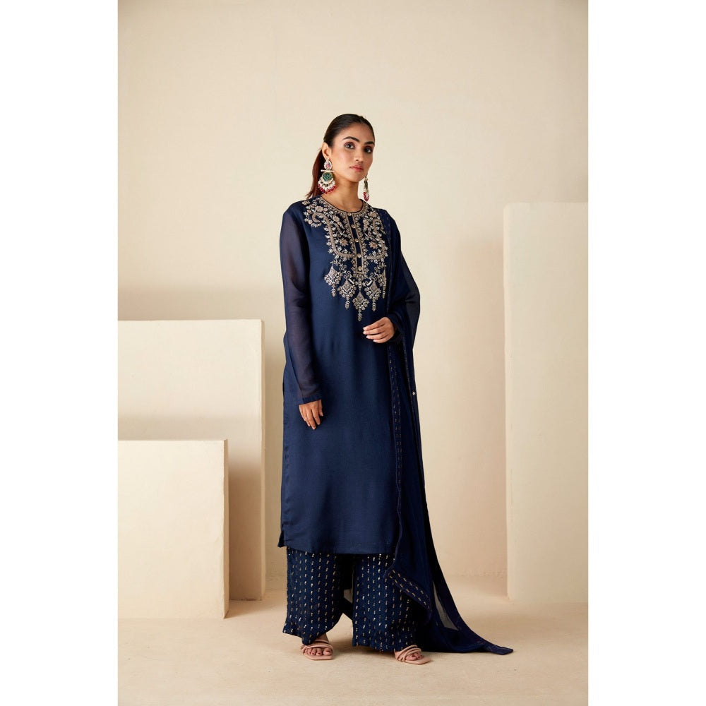 Suruchi Parakh Womens Navy Blue Embroidered Kurta with Palazzo and Dupatta (Set of 3)