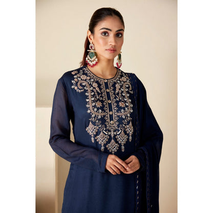 Suruchi Parakh Womens Navy Blue Embroidered Kurta with Palazzo and Dupatta (Set of 3)