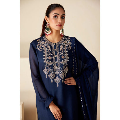 Suruchi Parakh Womens Navy Blue Embroidered Kurta with Palazzo and Dupatta (Set of 3)
