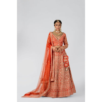 Suruchi Parakh Womens Orange Embellished Blouse with Lehenga and Dupatta (Set of 3)