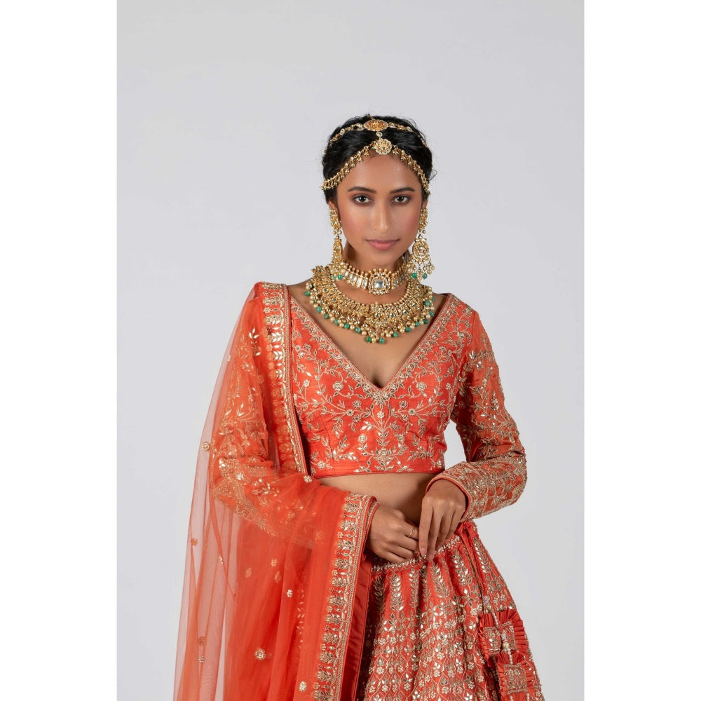 Suruchi Parakh Womens Orange Embellished Blouse with Lehenga and Dupatta (Set of 3)