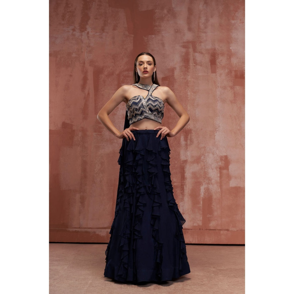Suruchi Parakh Womens Navy Blue Embellished Top and Skirt (Set of 2)