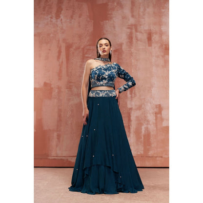 Suruchi Parakh Teal Womens Embellished Blouse with Lehenga and Dupatta (Set of 3)