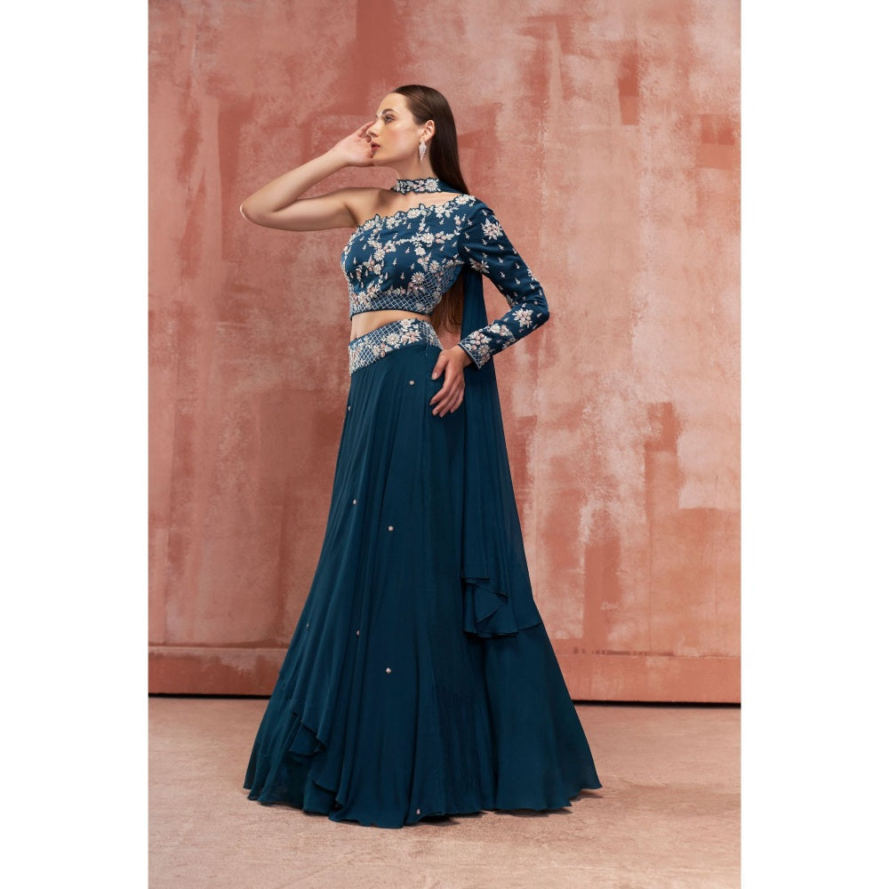 Suruchi Parakh Teal Womens Embellished Blouse with Lehenga and Dupatta (Set of 3)