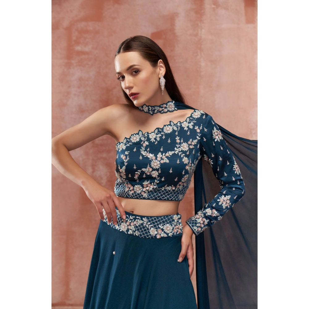 Suruchi Parakh Teal Womens Embellished Blouse with Lehenga and Dupatta (Set of 3)