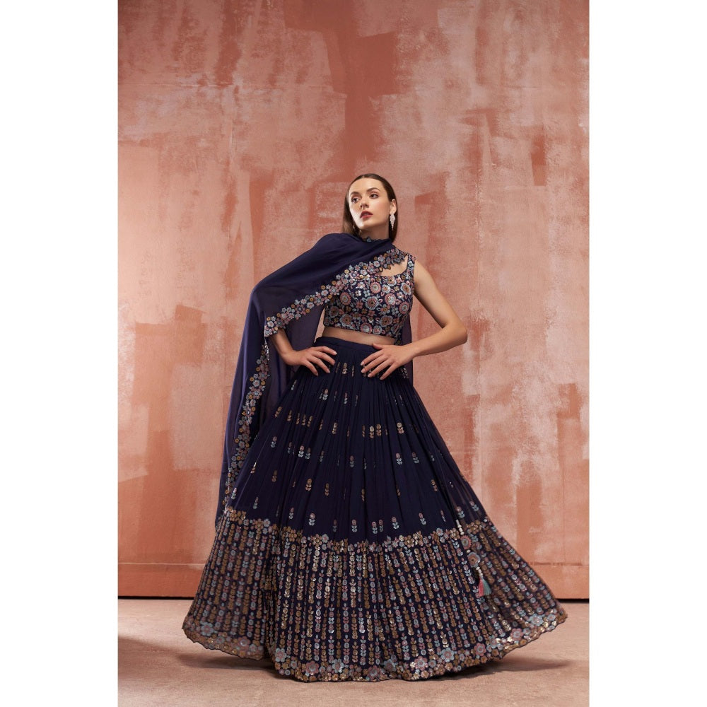 Suruchi Parakh Navy Blue Womens Embellished Blouse with Lehenga and Dupatta (Set of 3)
