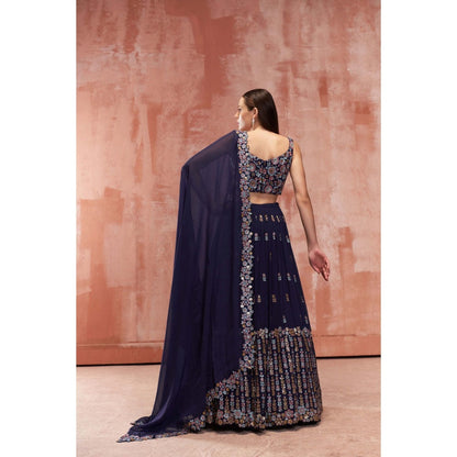 Suruchi Parakh Navy Blue Womens Embellished Blouse with Lehenga and Dupatta (Set of 3)