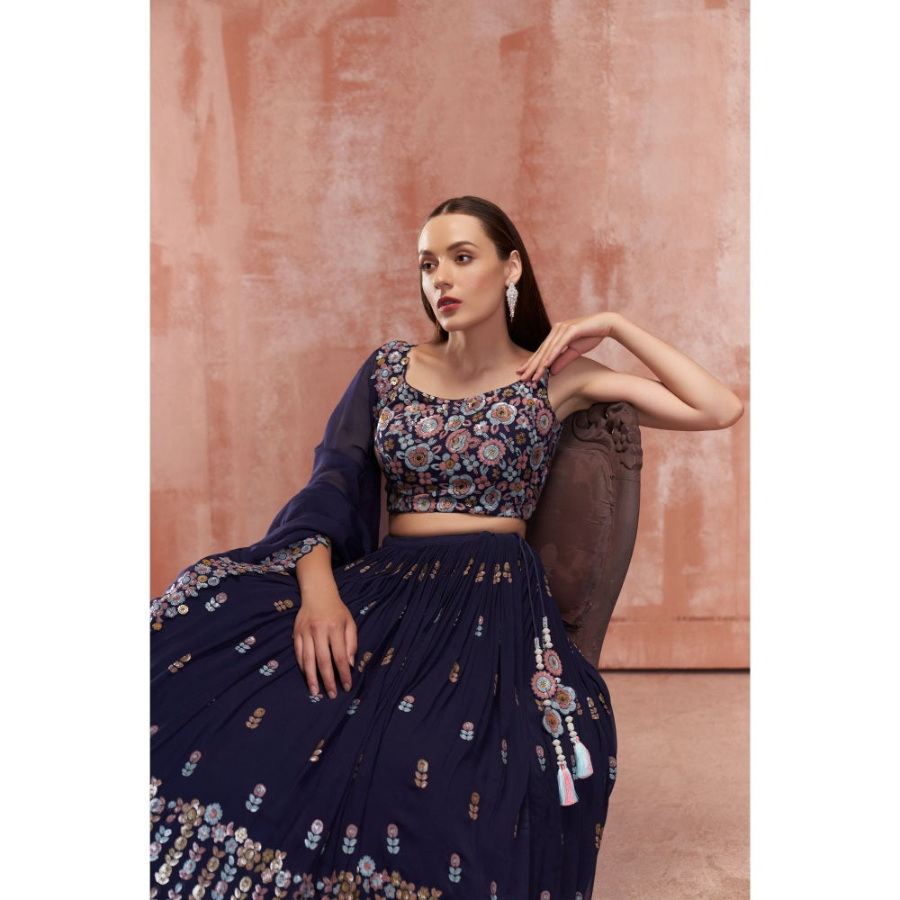 Suruchi Parakh Navy Blue Womens Embellished Blouse with Lehenga and Dupatta (Set of 3)