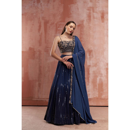 Suruchi Parakh Navy Blue Womens Embellished Blouse with Lehenga and Dupatta (Set of 3)