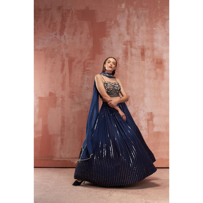 Suruchi Parakh Navy Blue Womens Embellished Blouse with Lehenga and Dupatta (Set of 3)