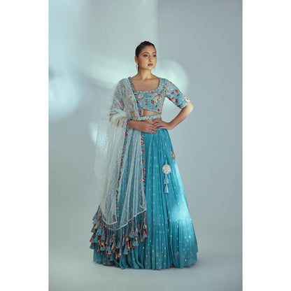 Suruchi Parakh Blue Womens Embellished Blouse with Lehenga and Dupatta (Set of 4)