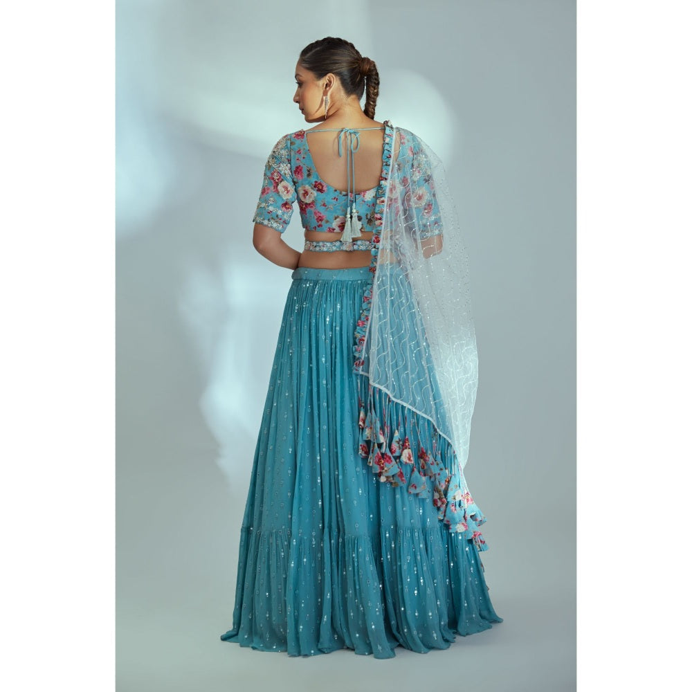 Suruchi Parakh Blue Womens Embellished Blouse with Lehenga and Dupatta (Set of 4)