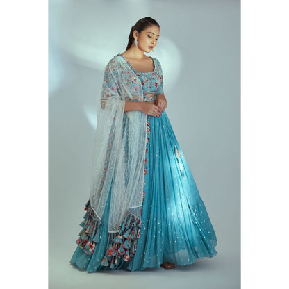 Suruchi Parakh Blue Womens Embellished Blouse with Lehenga and Dupatta (Set of 4)