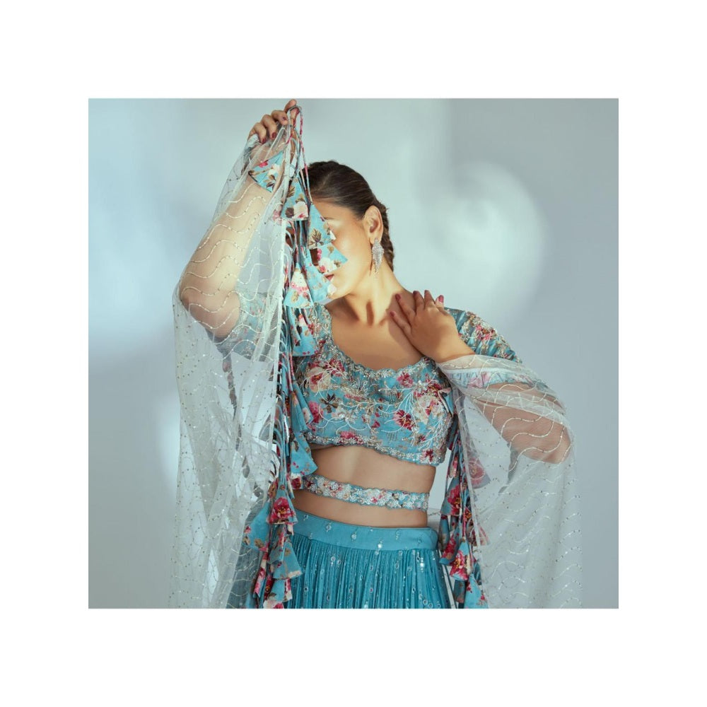 Suruchi Parakh Blue Womens Embellished Blouse with Lehenga and Dupatta (Set of 4)