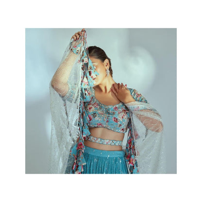 Suruchi Parakh Blue Womens Embellished Blouse with Lehenga and Dupatta (Set of 4)