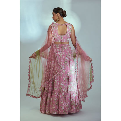 Suruchi Parakh Pink Womens Embellished Blouse with Lehenga and Dupatta (Set of 3)