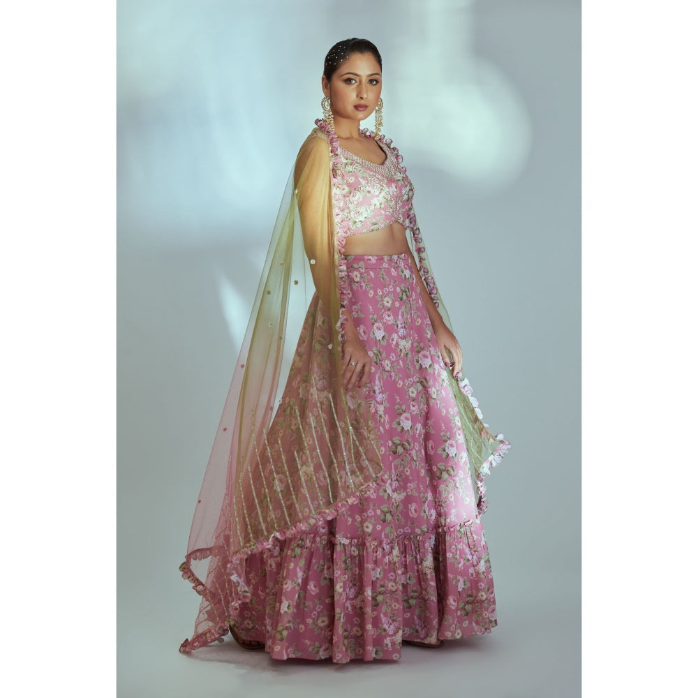 Suruchi Parakh Pink Womens Embellished Blouse with Lehenga and Dupatta (Set of 3)