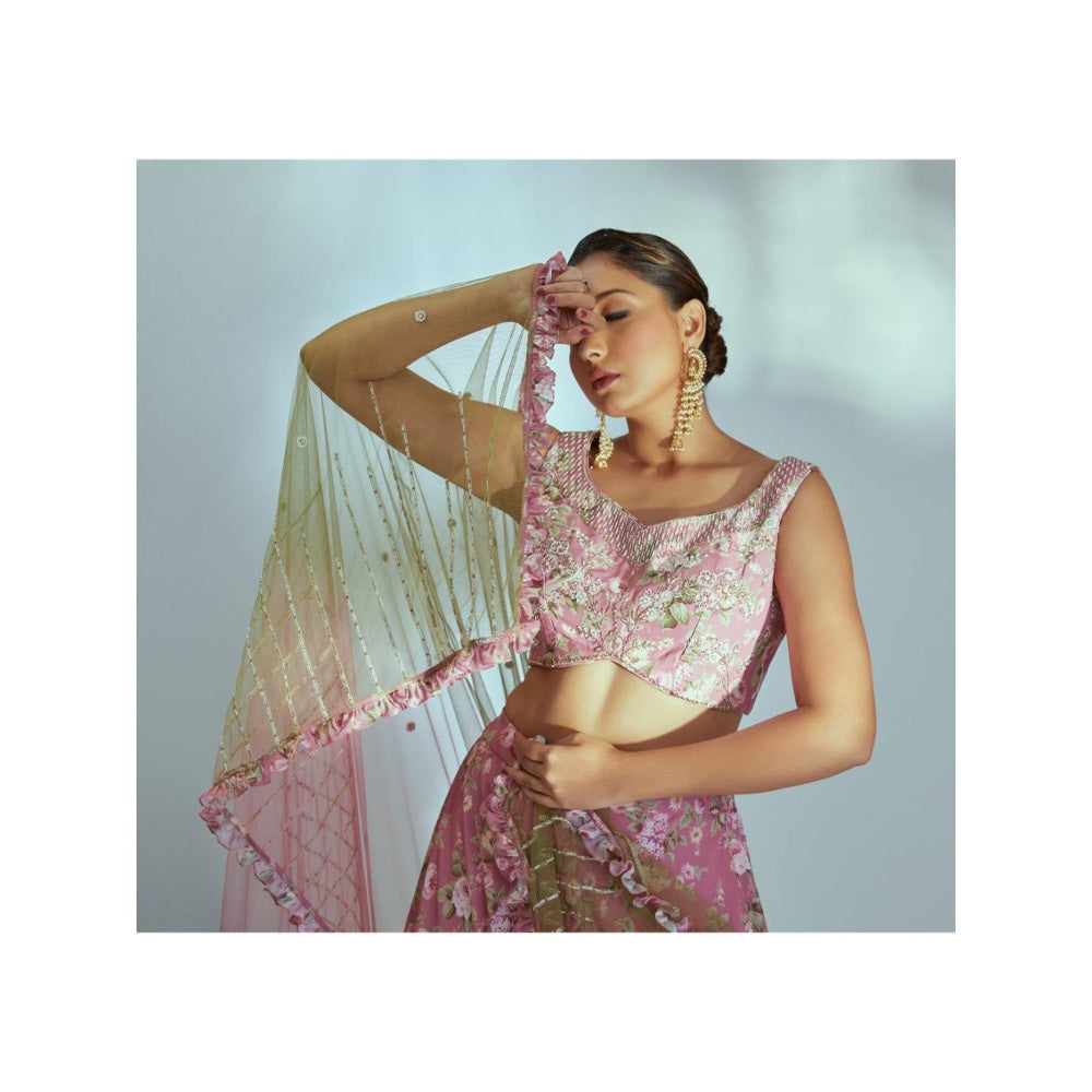 Suruchi Parakh Pink Womens Embellished Blouse with Lehenga and Dupatta (Set of 3)