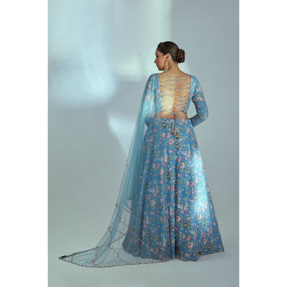 Suruchi Parakh Blue Womens Embellished Blouse with Lehenga and Dupatta (Set of 3)
