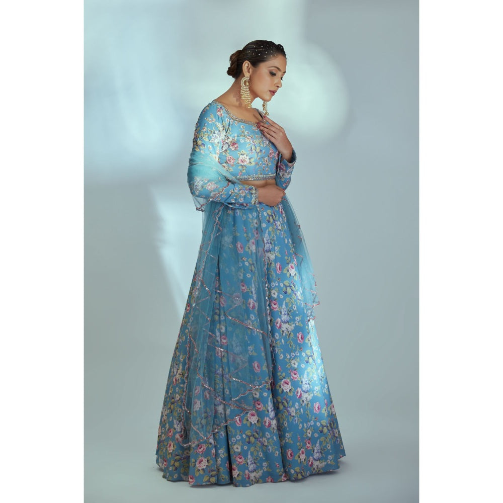 Suruchi Parakh Blue Womens Embellished Blouse with Lehenga and Dupatta (Set of 3)