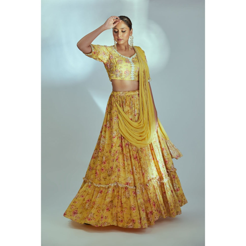 Suruchi Parakh Womens Yellow Floral Print Blouse with Lehenga and Dupatta (Set of 3)