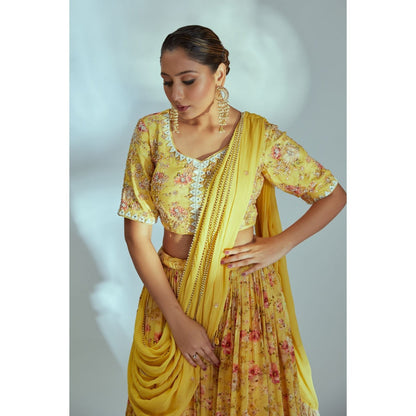 Suruchi Parakh Womens Yellow Floral Print Blouse with Lehenga and Dupatta (Set of 3)