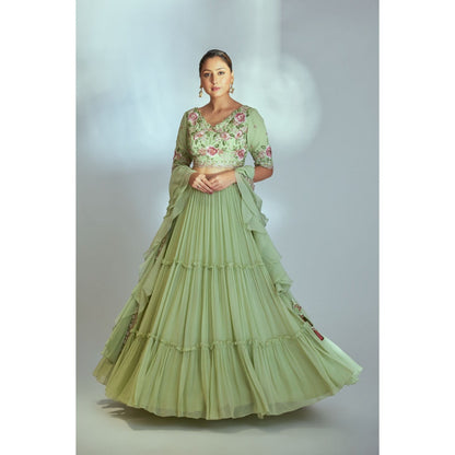 Suruchi Parakh Green Womens Embellished Blouse with Lehenga and Dupatta (Set of 3)