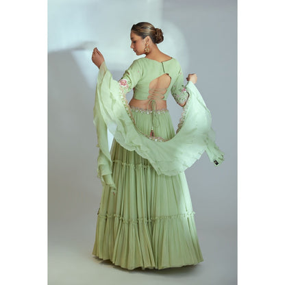 Suruchi Parakh Green Womens Embellished Blouse with Lehenga and Dupatta (Set of 3)