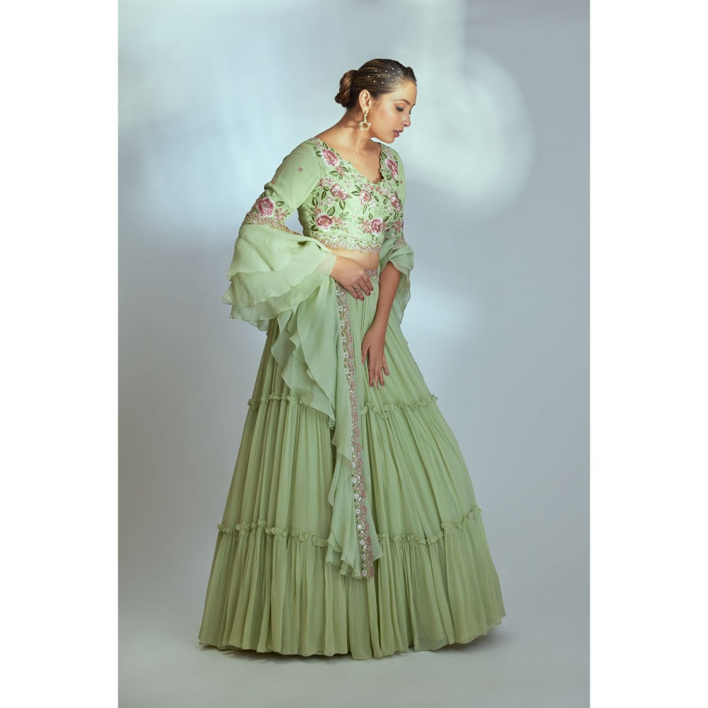 Suruchi Parakh Green Womens Embellished Blouse with Lehenga and Dupatta (Set of 3)