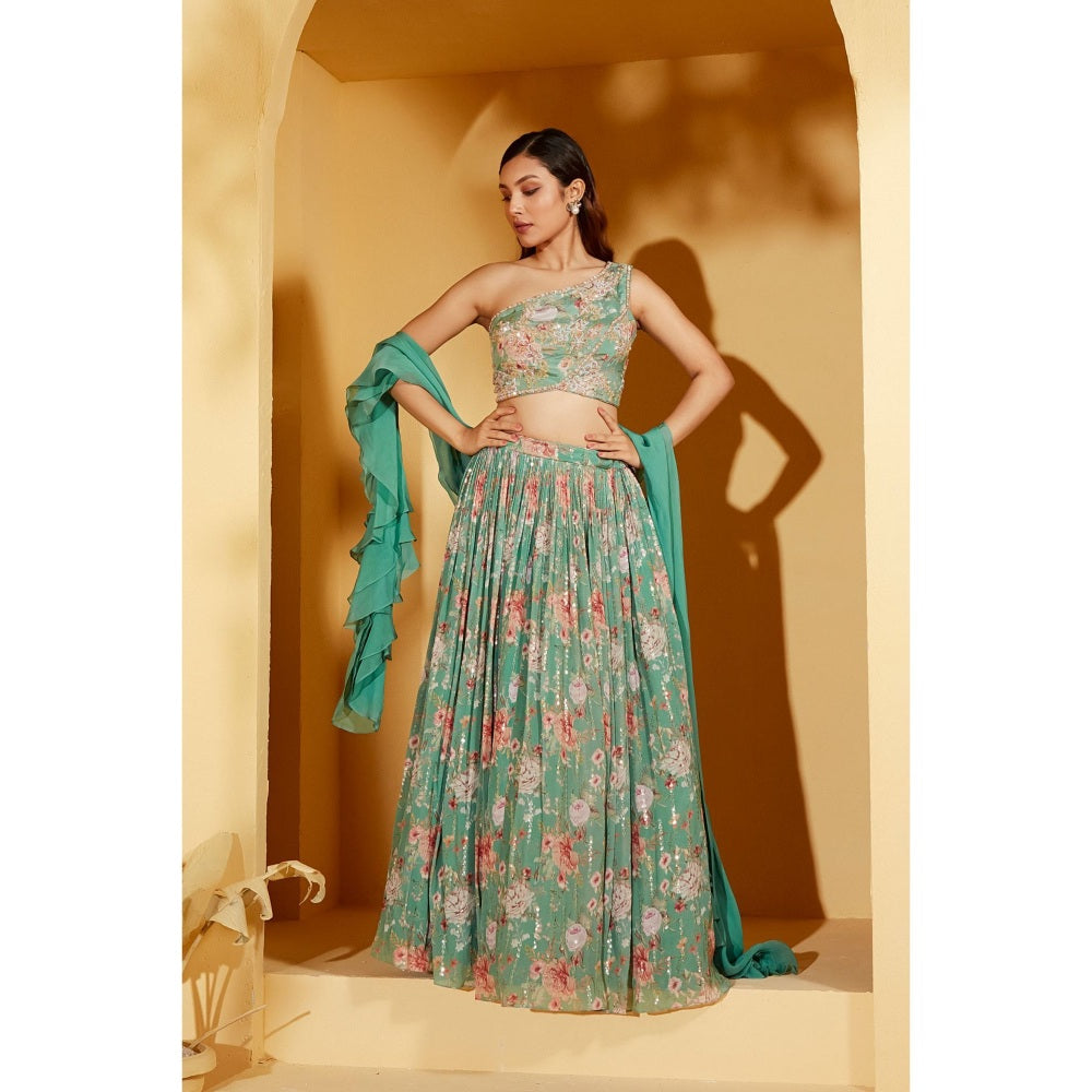 Suruchi Parakh Womens Green Floral Print Blouse and Lehenga with Dupatta (Set of 3)