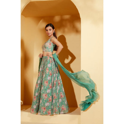 Suruchi Parakh Womens Green Floral Print Blouse and Lehenga with Dupatta (Set of 3)