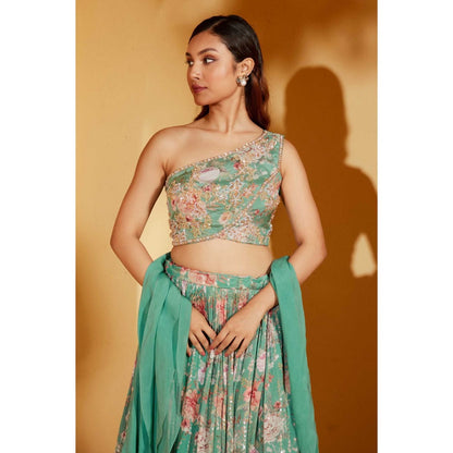 Suruchi Parakh Womens Green Floral Print Blouse and Lehenga with Dupatta (Set of 3)